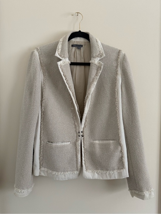 Vince Jackets & Blazers - Vince Cream Bouclé Frayed-Edge Blazer Large / Fringed Twill Paneled Tweed Jacket